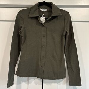 NWT Mango MNG Women Slim Fit Long Sleeve Button-up Shirt Green Small Stretch